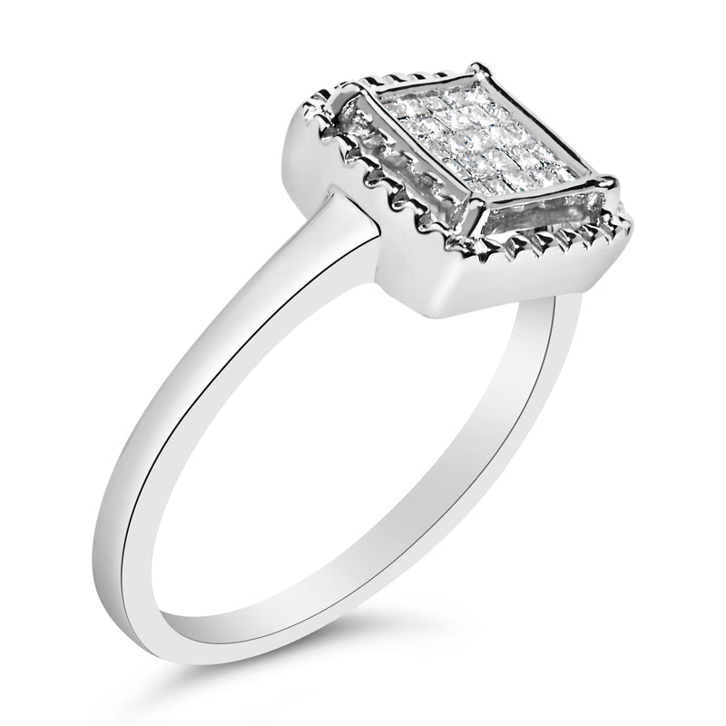 Bids.com .925 Sterling Silver 1/5 Cttw Invisible Set Princess Cut Diamond Promise Ring with Beaded Halo (H-I Color, I1-I2 Clarity) - Ring Size 7 Rings
