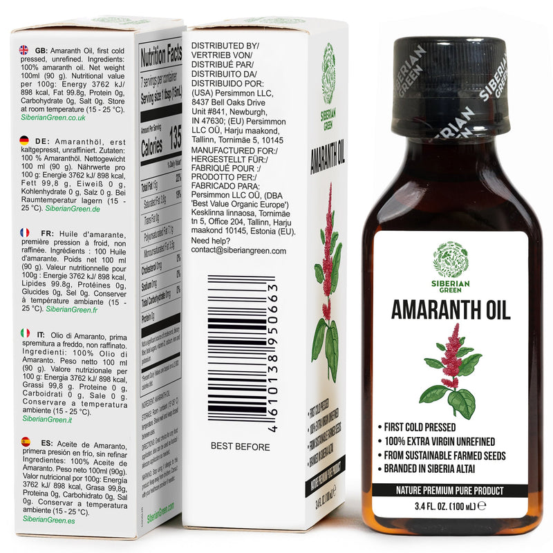 SiberianGreen.com Amaranth Seed Oil 100 ml - Extra Virgin, Cold-Pressed, Premium Quality Cooking Oils