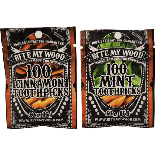 2 Pack BiteMyWood Cinnamon and Mint Flavored Birchwood Toothpicks in 100 Qty Plastic Reusable Bags