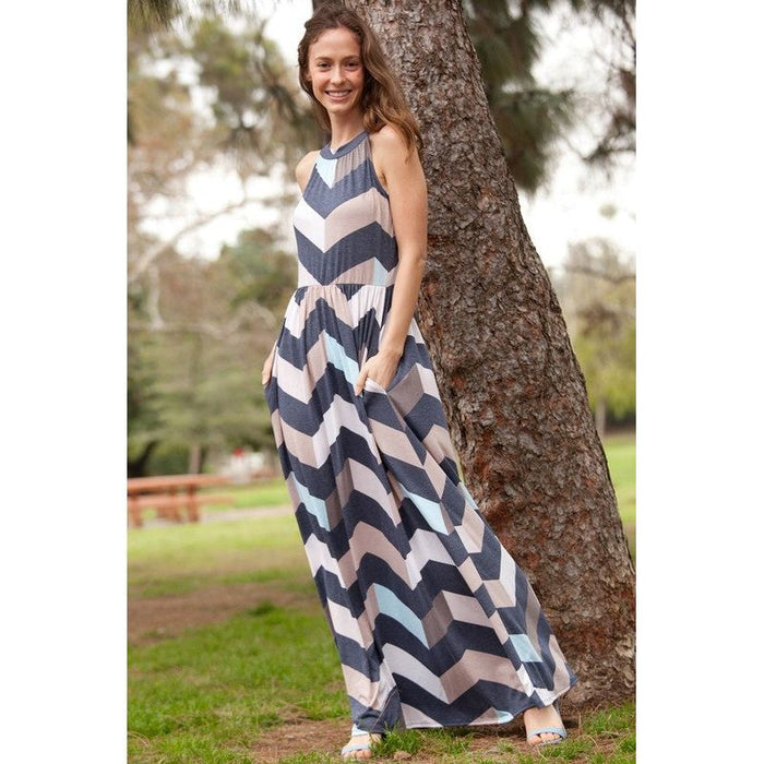 Plus Halter Neck Chevron Maxi Dress