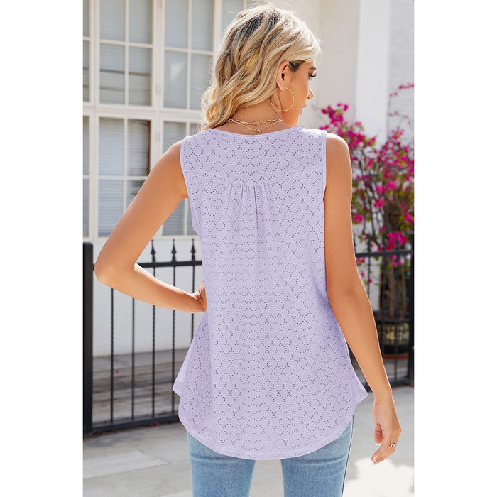 Eyelet Buttoned Round Neck Tank