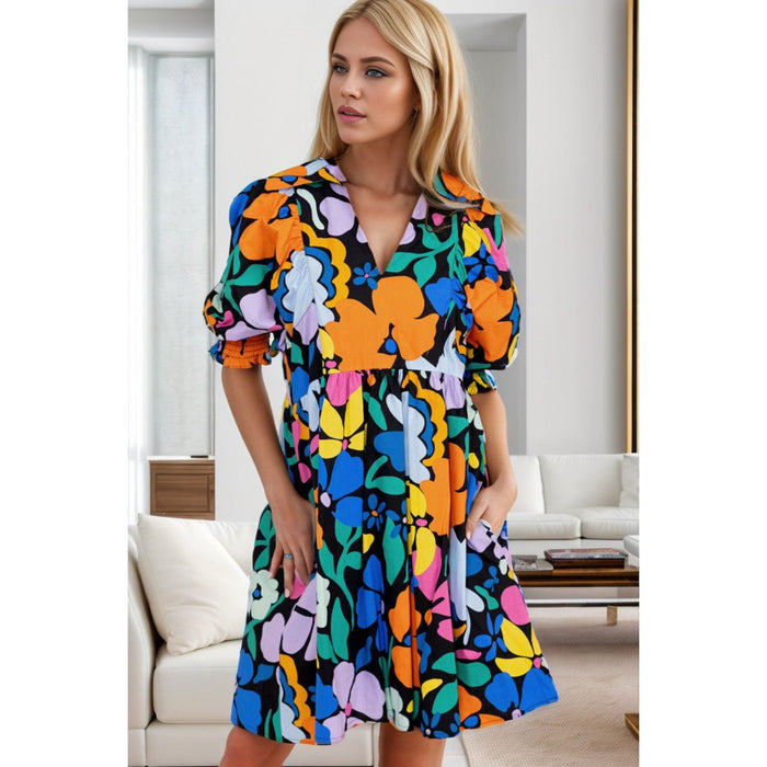 Printed Johnny Collar Half Sleeve Mini Dress