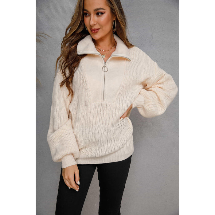 Collared Neck Zip-Up Knit Top