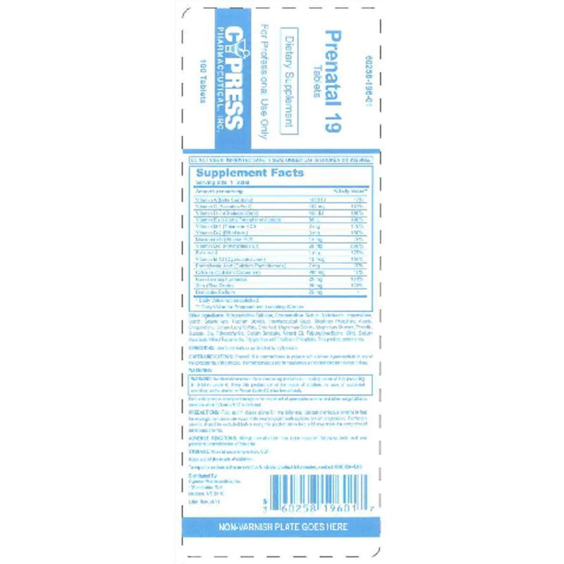 Cypress Pharmaceutical Cypress Pharmaceutical Prenatal 19 Cpl 100 By Pharma Medicine & Drugs