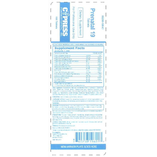 Cypress Pharmaceutical Cypress Pharmaceutical Prenatal 19 Cpl 100 By Pharma Medicine & Drugs