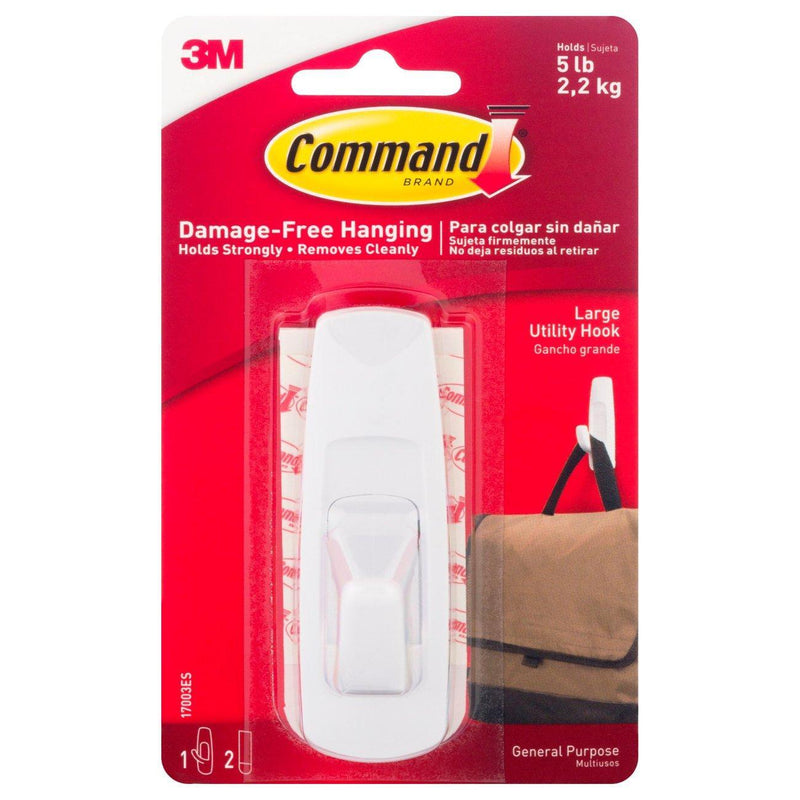 Command Command Large Utility Hook, White, 1 Hook & 2 Strips – Damage-Free Wall Hanging, Holds up to 5 lbs Utility Hooks