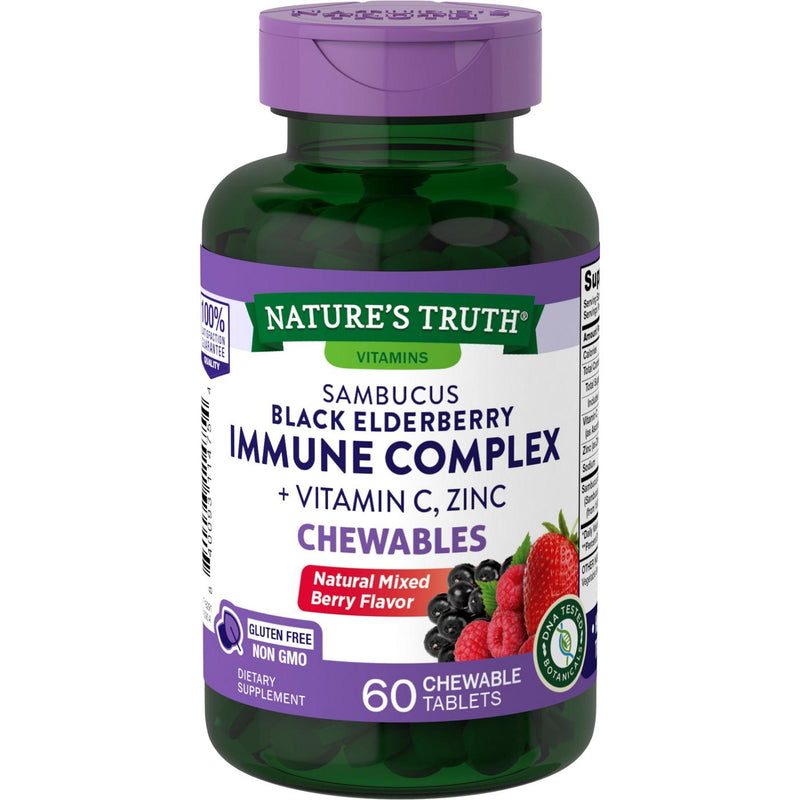 Nature's Truth Nature's Truth Sambucus Black Elderberry Immune Complex Plus Vitamin C & Zinc, Natural Mixed Berry, 60 Chewable Tablets Vitamins & Supplements