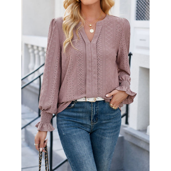 Eyelet Notched Flounce Sleeve Blouse