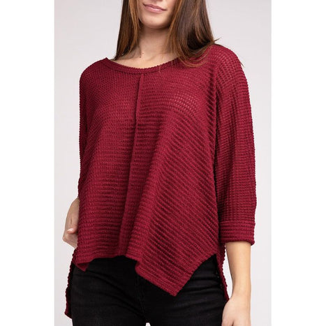 3/4 Sleeve V-Neck Hi-Low Hem Jacquard Sweater