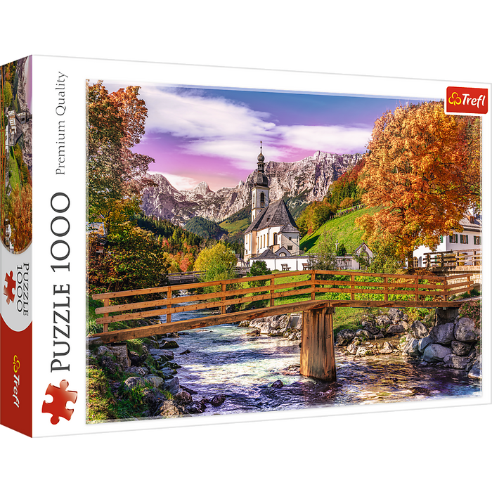 Bavaria in Autumn, German Landscape Puzzle with the Alps, Village and River