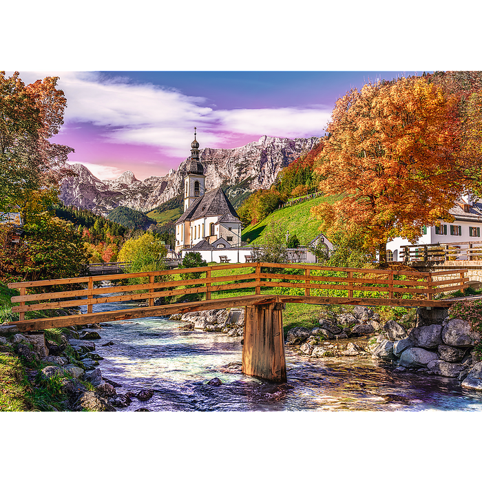 Bavaria in Autumn, German Landscape Puzzle with the Alps, Village and River