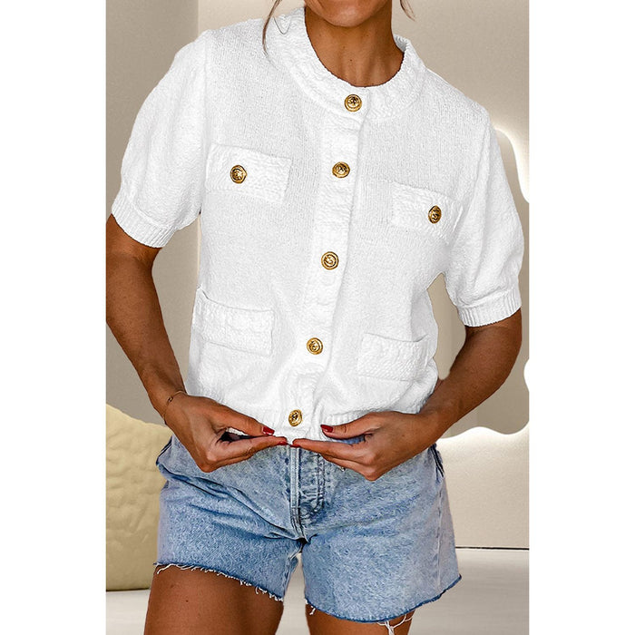 Button Up Round Neck Short Sleeve Knit Top