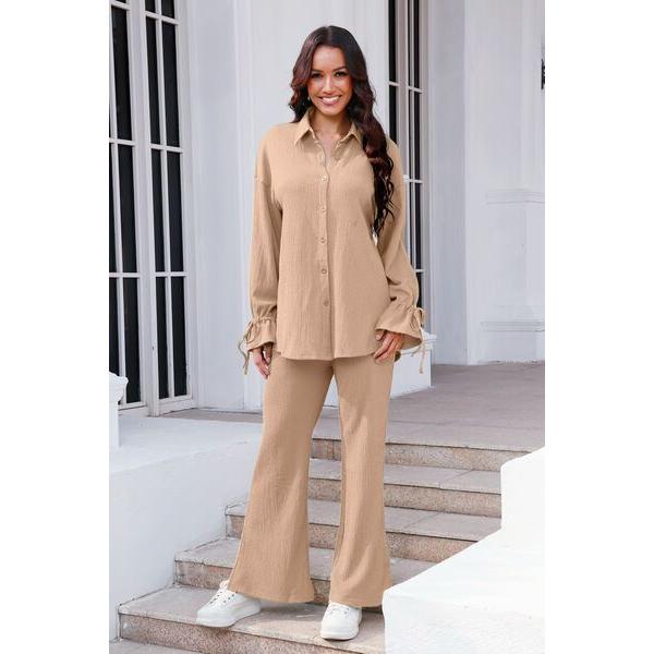 Drawstring Flounce Sleeve Shirt and Pants Set