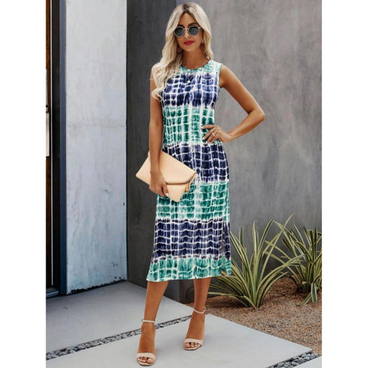 Slit Printed Round Neck Sleeveless Dress