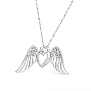 Bids.com .925 Sterling Silver Pave-Set Diamond Accent Angel Wing 18" Double Heart Pendant Necklace (I-J Color, I1-I2 Clarity) Necklaces