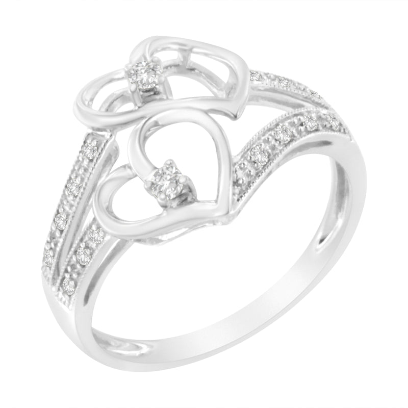 Bids.com 14KT White Gold 1/10 cttw Diamond Twin Heart Ring - Size 6.5 Rings