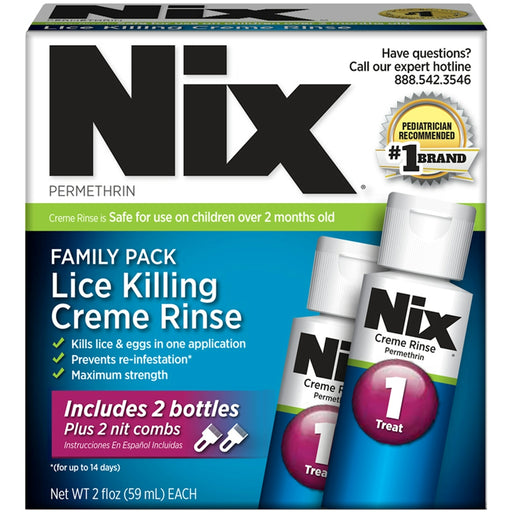 Nix Nix Lice Killing Creme Rinse Family Pack, 2 Bottles (2 fl oz each) with Nit Combs Hair Care