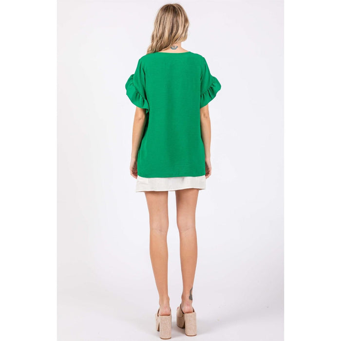 GeeGee Ruffled Short Sleeve V-Neck Blouse