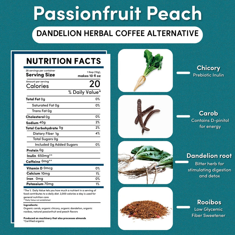Teeccino Dandelion Passionfruit Peach Herbal Coffee Herbal Coffee