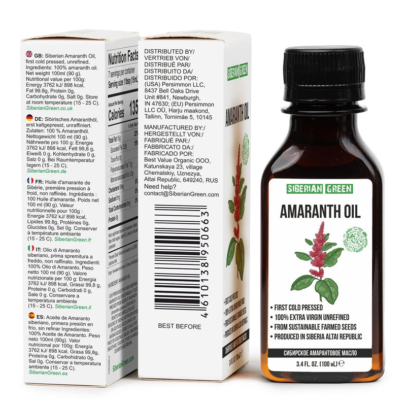 SiberianGreen.com Amaranth Seed Oil 100 ml - Extra Virgin, Cold-Pressed, Premium Quality Cooking Oils