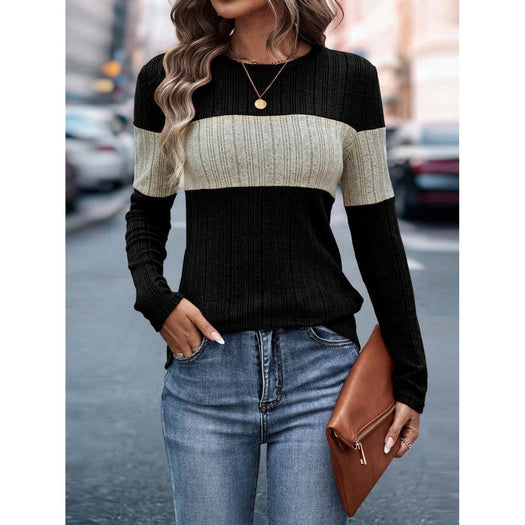 Color Block Round Neck Long Sleeve Top