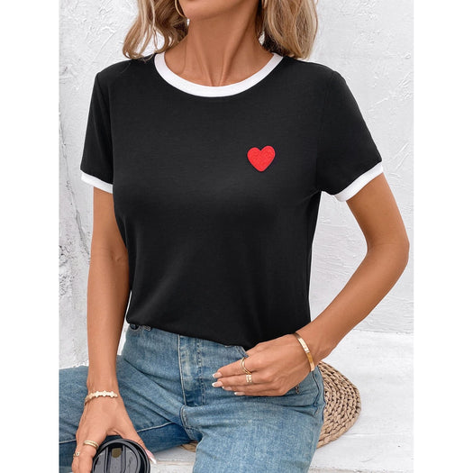 Heart Round Neck Short Sleeve T-Shirt