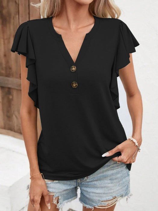 Ruffled Notched Cap Sleeve T-Shirt