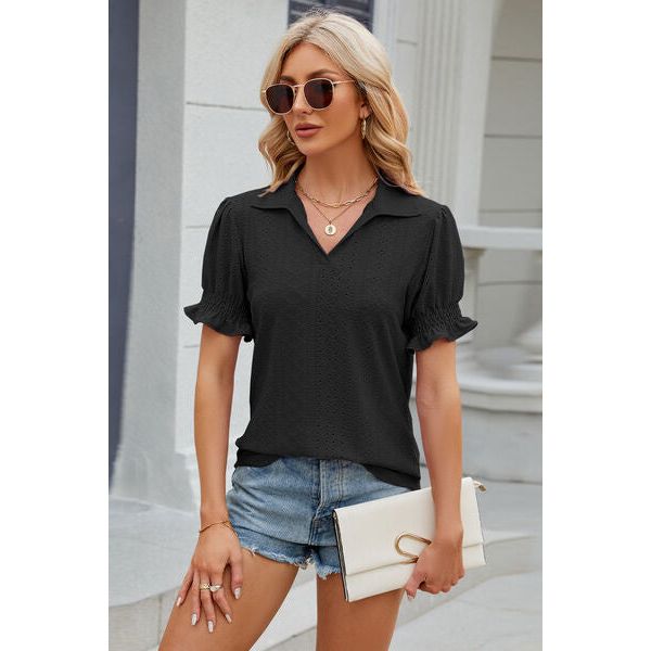 Eyelet Johnny Collar Short Sleeve Blouse