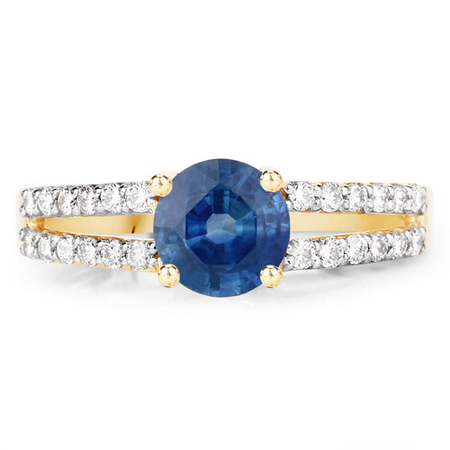 Bids.com 1.29 Carat Genuine Blue Sapphire and White Diamond 14K Yellow Gold Ring Rings