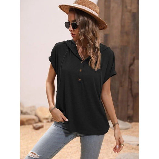 Half Button Hooded Short Sleeve Blouse