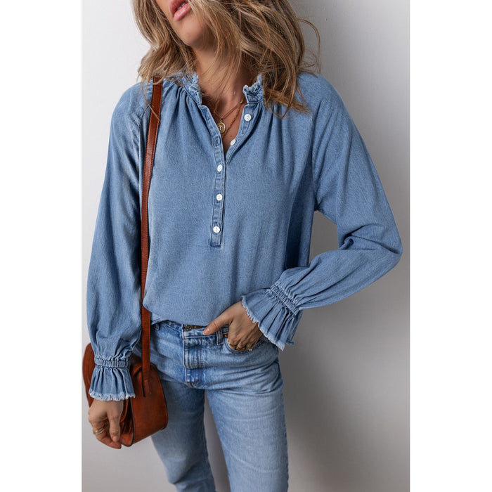 Half Button Long Sleeve Denim Top