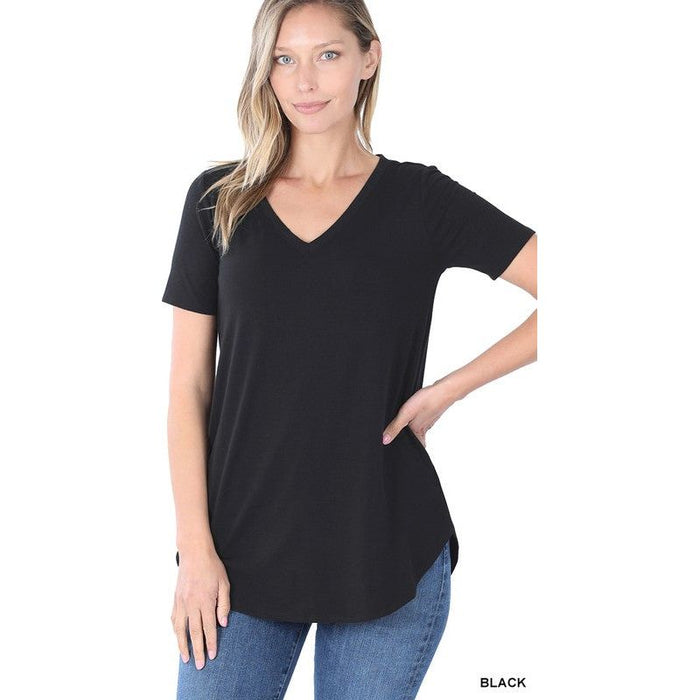 Short Sleeve V-Neck Round Hem Top