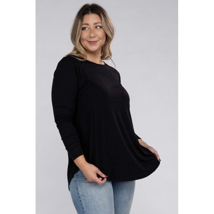 Plus Long Sleeve Round Neck Round Hem Top