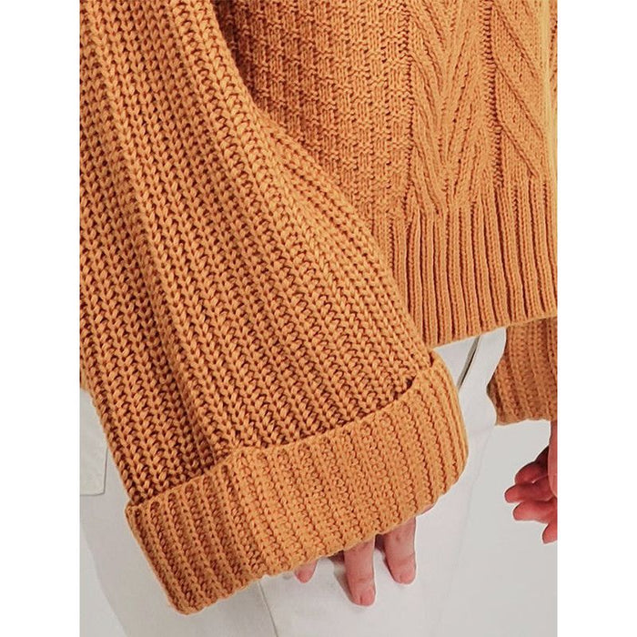 V Neck Bell-Sleeve Cable-Knit Oversize Sweater Top