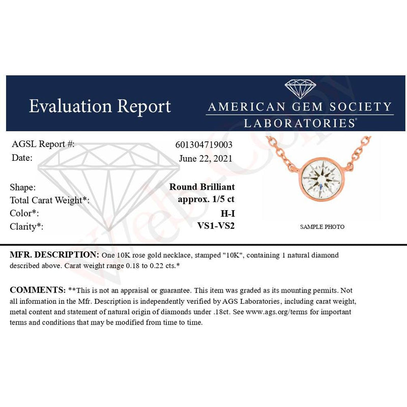 Bids.com AGS Certified 10K Rose Gold 1/5 Cttw Bezel Set Round Diamond Solitaire 16-18" Adjustable Pendant Necklace (H-I Color, VS1-VS2 Clarity) Necklaces