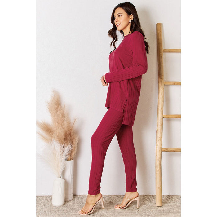 Basic Bae Ribbed Round Neck High-Low Slit Top and Pants Set