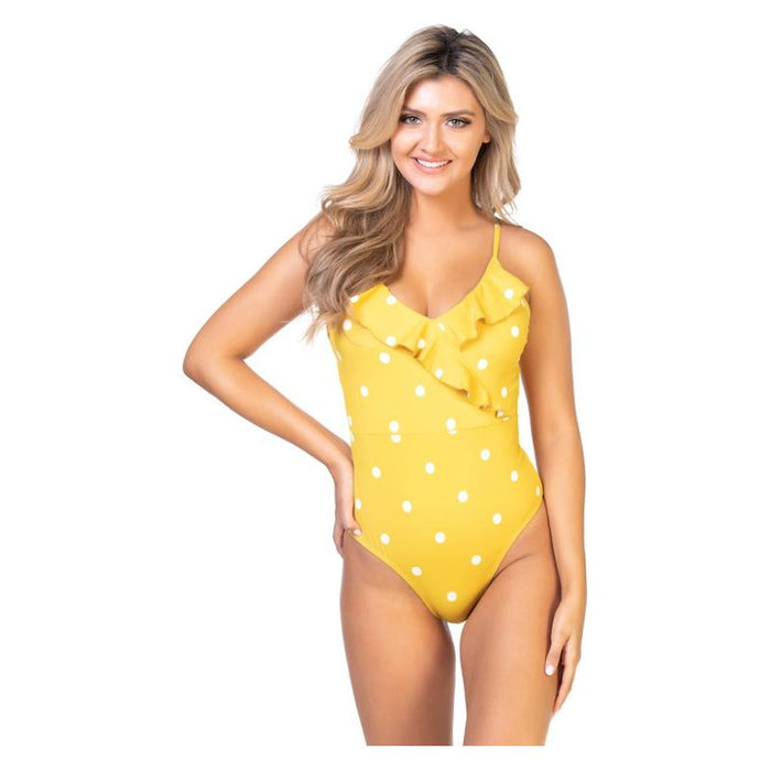 YELLOW POLKA DOTS RUFFLE ONE PIECE SWIMSUIT