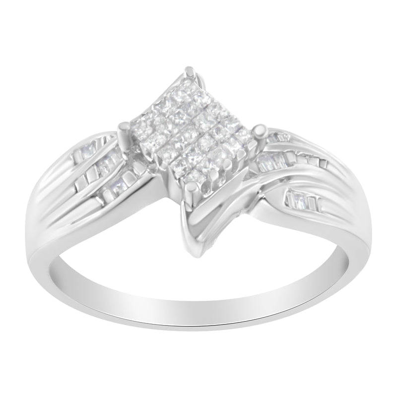 Bids.com 10K White Gold 1/3 Cttw Princess and Baguette Cut Diamond Bypass Style Cocktail Ring (I-J Color, I1-I2 Clarity) - Size 4 Rings