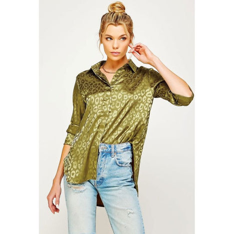 SATIN LEOPARD PRINT BUTTON DOWN TOP