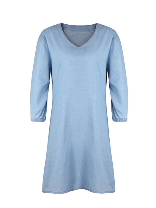 V-Neck Half Sleeve Denim Dress