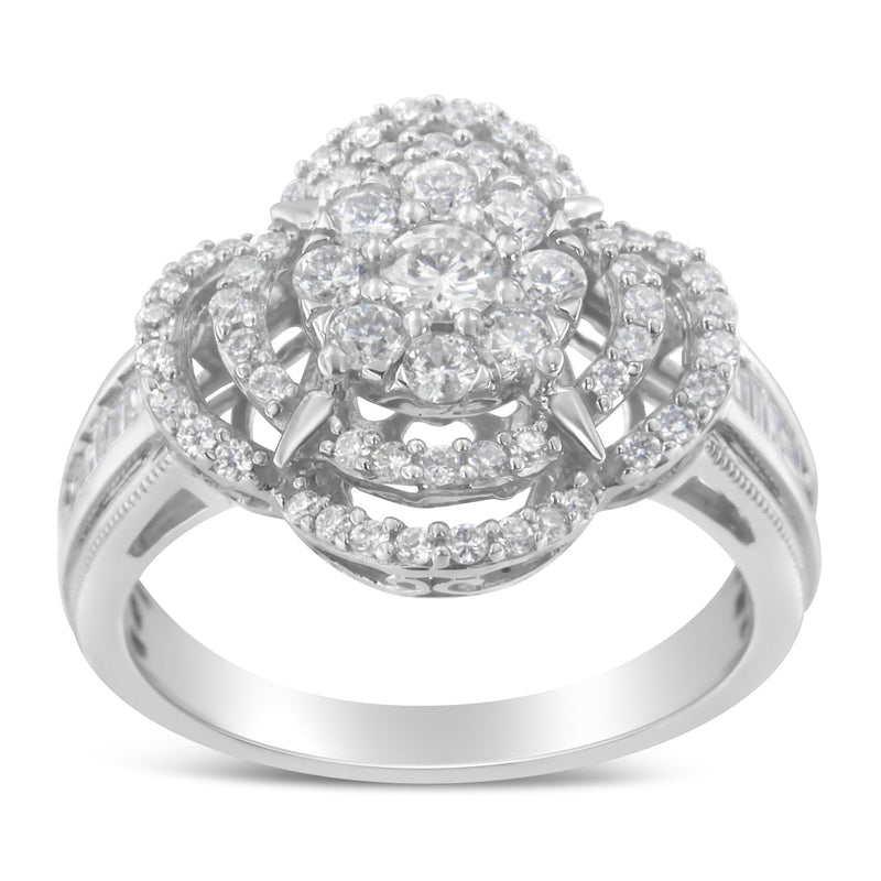 Bids.com 14K White Gold 1.0 Cttw Round & Baguette Cut Diamond Floral Cluster Quatrefoil Channel Set Band Cocktail Statement Ring (H-I Color, SI2-I1 Clarity) - Size 6-3/4 Rings