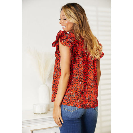 Double Take Floral Flutter Sleeve Notched Neck Blouse