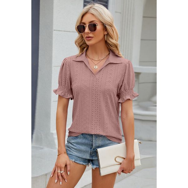 Eyelet Johnny Collar Short Sleeve Blouse