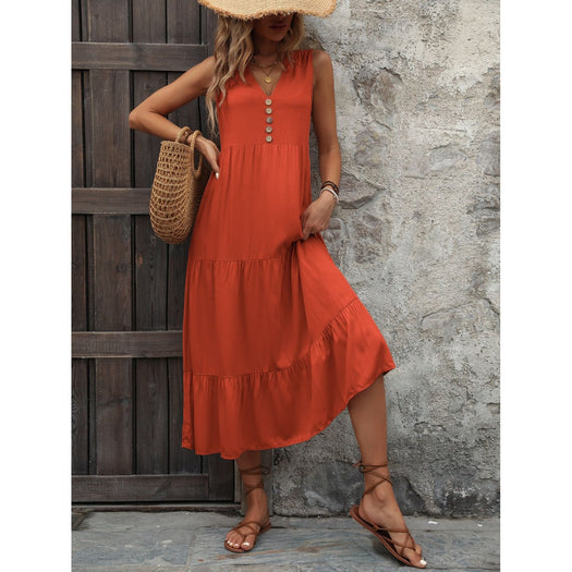 Decorative Button Notched Sleeveless Dress