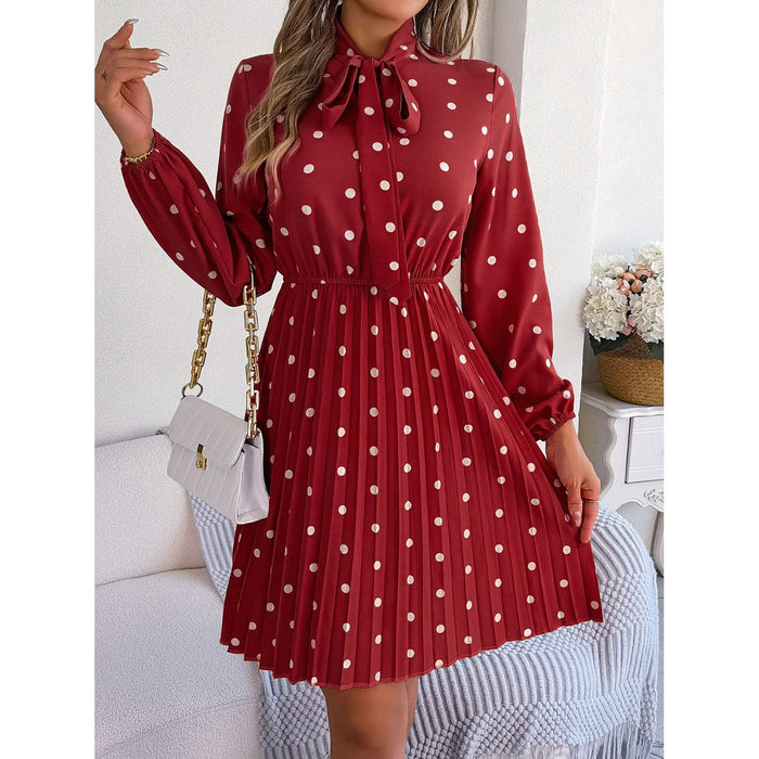 Polka Dot Tie Neck Pleated Dress