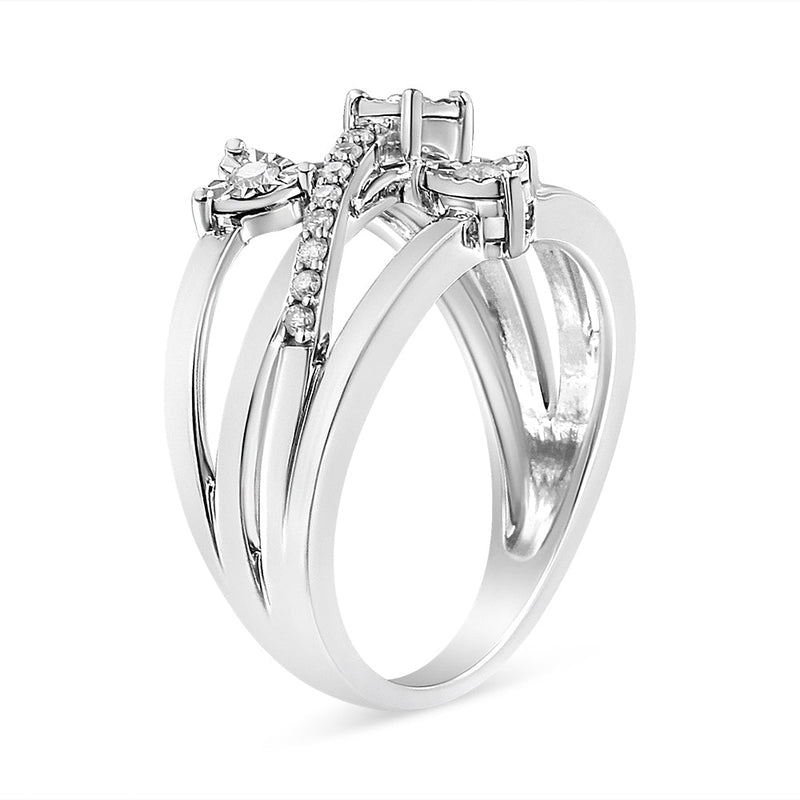 Bids.com .925 Sterling Silver 1/5 Cttw Miracle-Set Diamond Heart Cross-Over Bypass Ring (I-J Color, I2-I3 Clarity) - Size 7 Rings