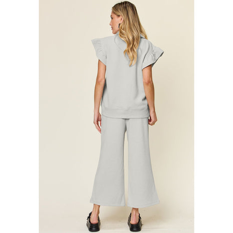 Texture Ruffle Short Sleeve Top and Drawstring Wide Leg Pants Set