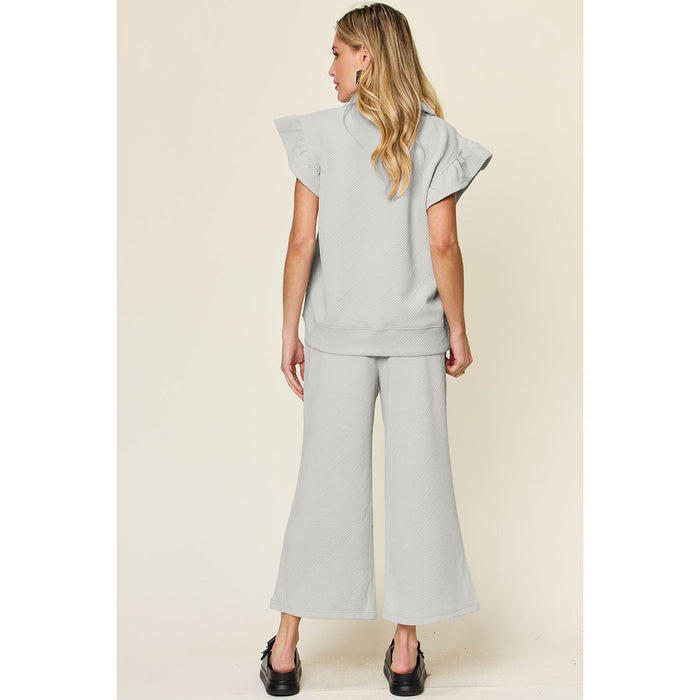 Texture Ruffle Short Sleeve Top and Drawstring Wide Leg Pants Set