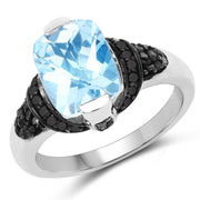 Bids.com 3.81 Carat Genuine Baby Swiss Blue Topaz, Black Diamond and White Diamond .925 Sterling Silver Ring Rings