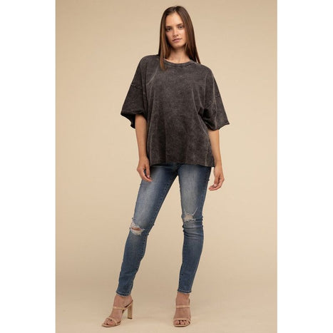 French Terry Washed Drop Shoulder Short Sleeve Top